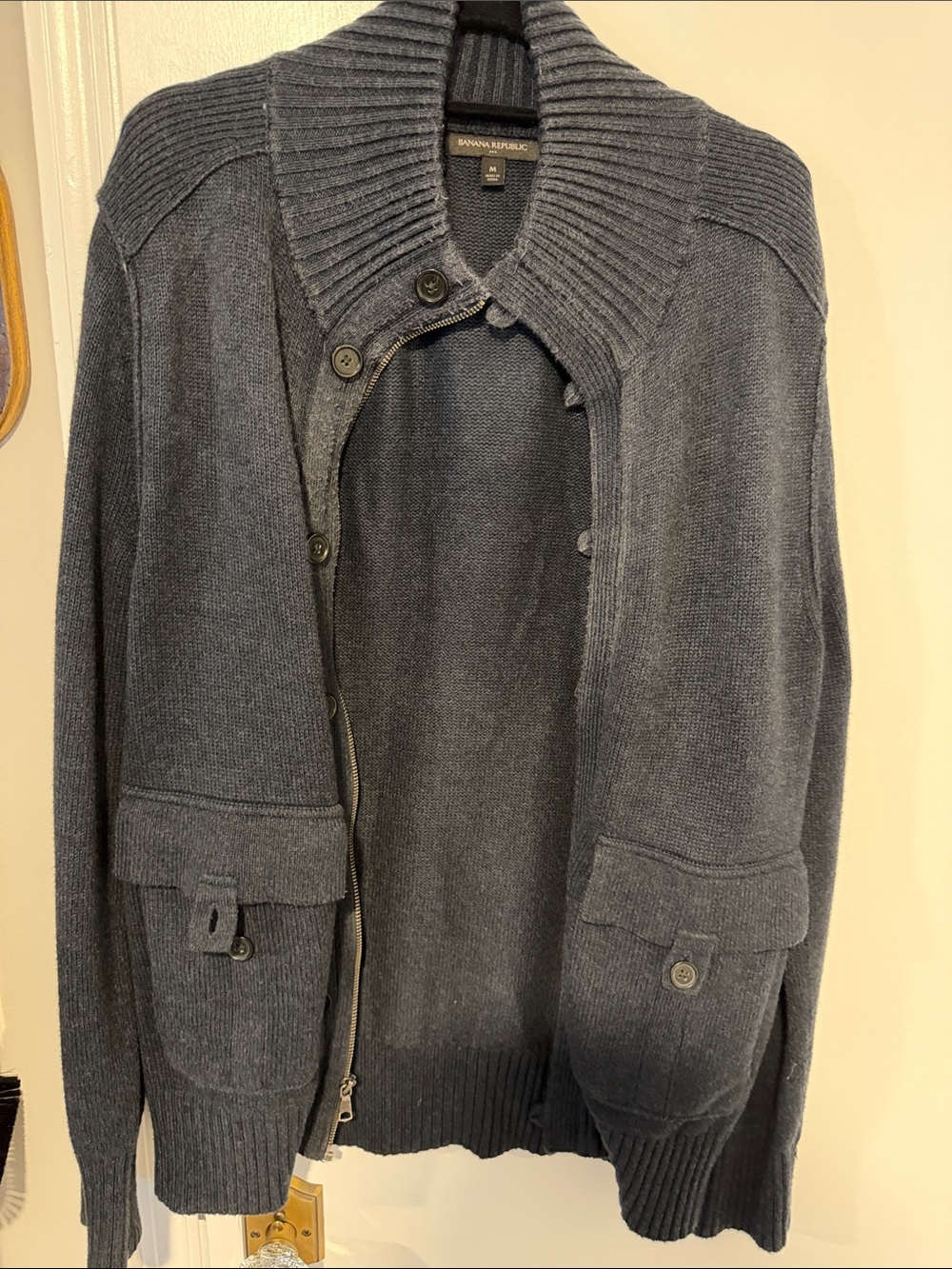 Banana Republic Men's Dark Blue Shawl Collar Zip Cardigan